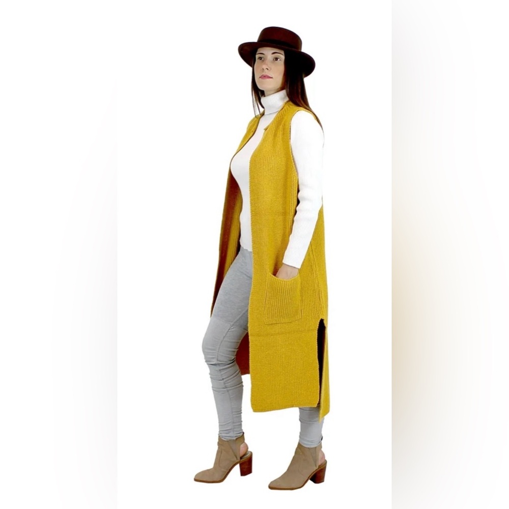Cable Knit Long Vest with Pockets Cardigan Mustard Yellow Knitted Fashion Poncho
